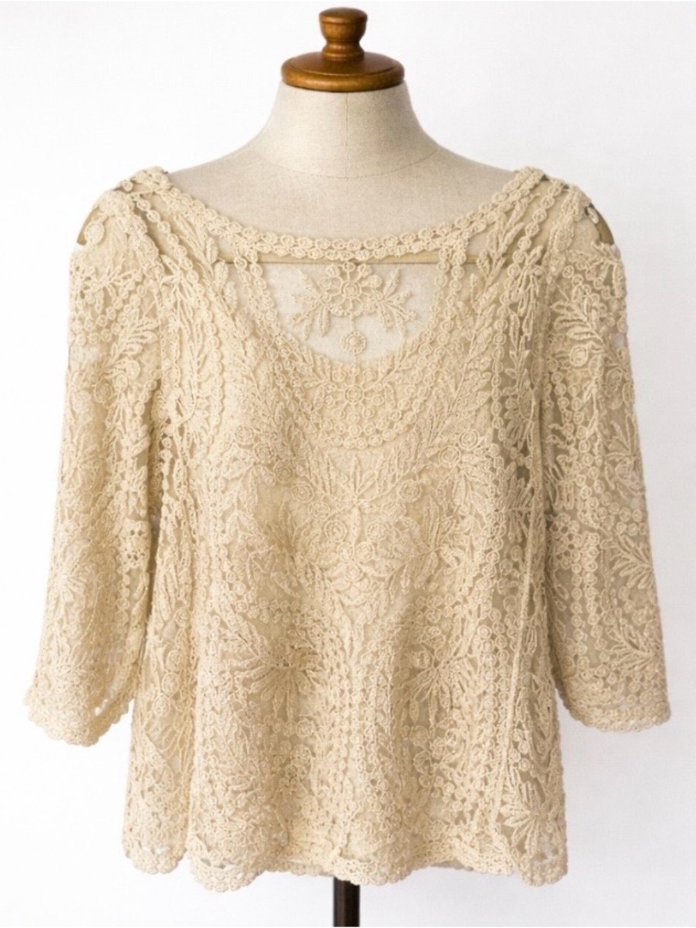 Crochet Lace Top Women’s  S/M Sheer Gold Embroidered Blouse Classic Chic Shirt